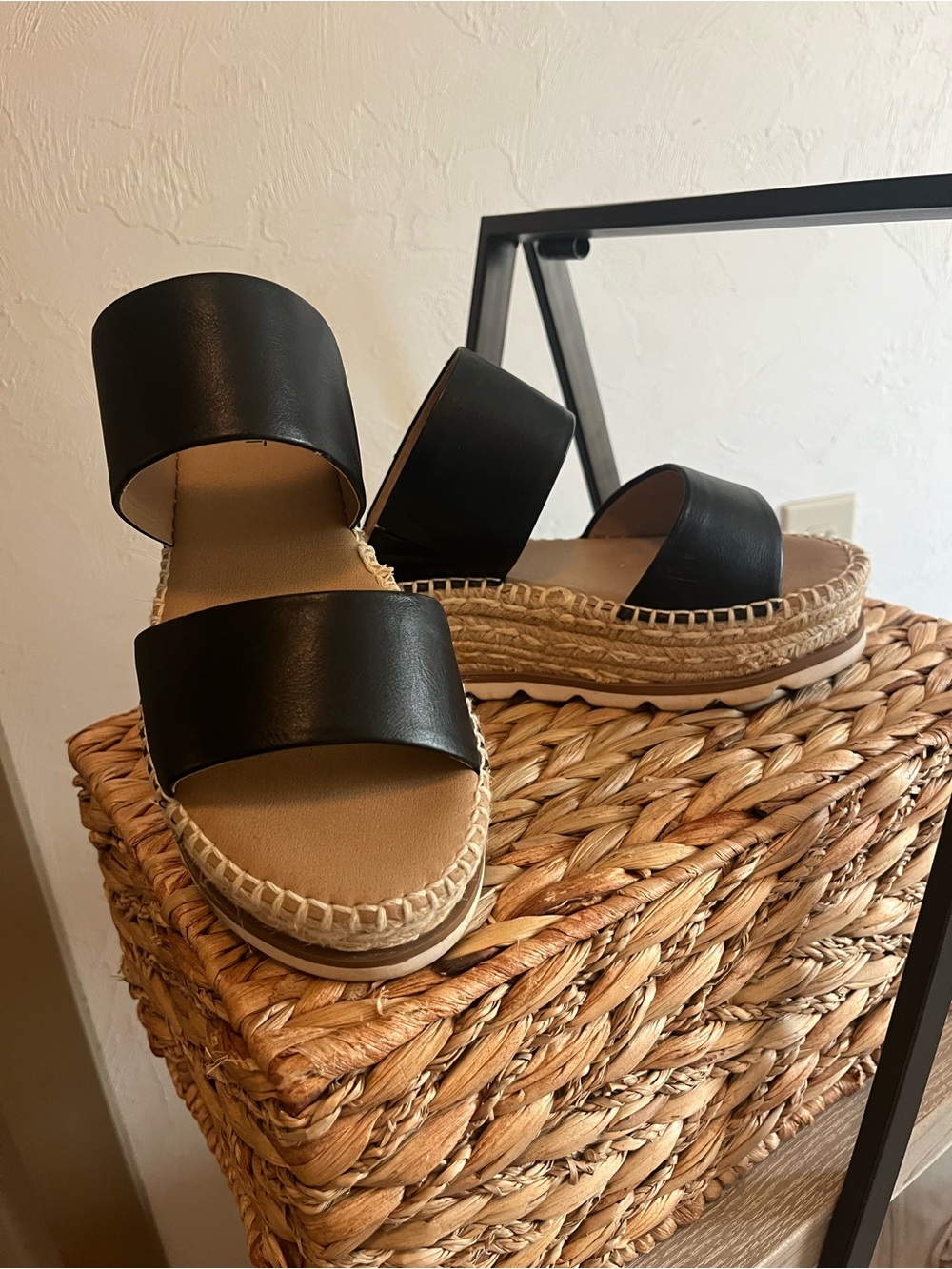 Black Double-Band Espadrille Platform Sandals